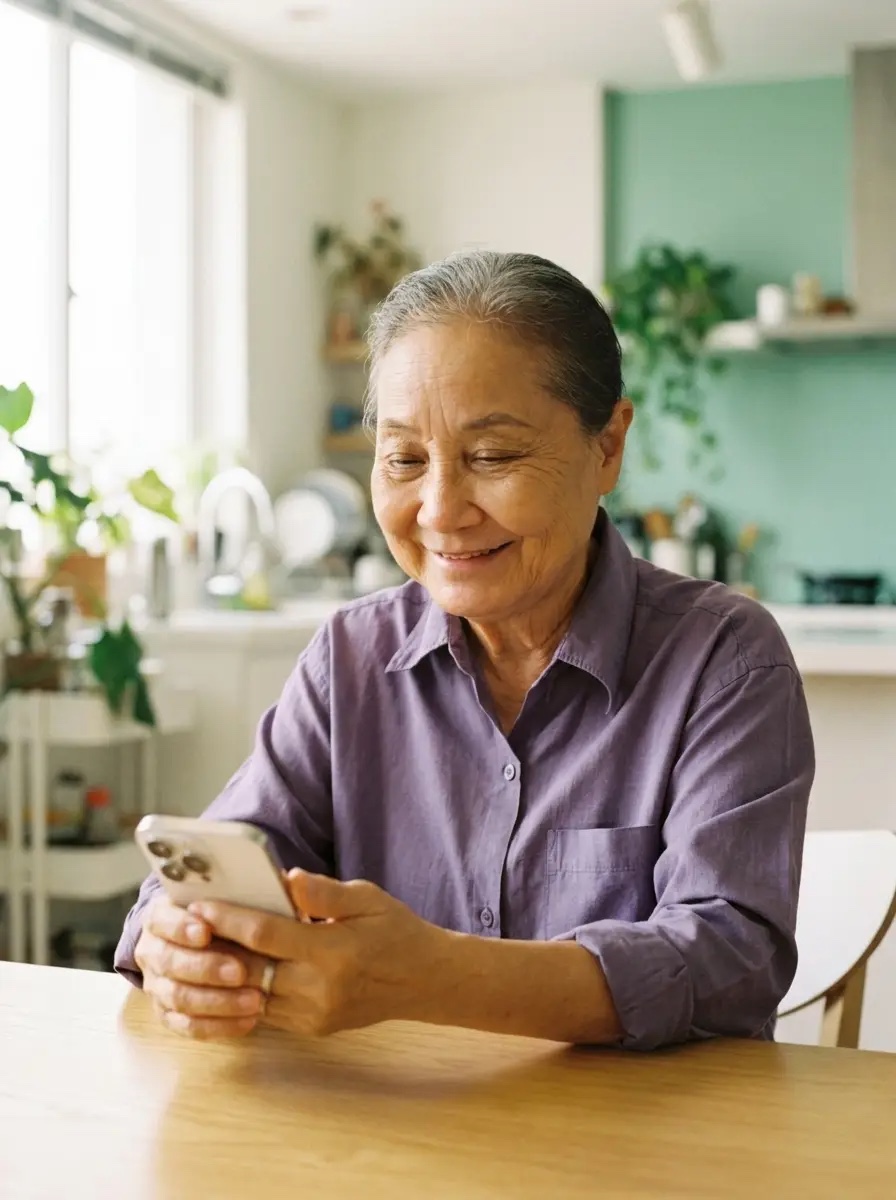 Một người bà lớn tuổi mỉm cười khi dùng ứng dụng Baomily trên điện thoại